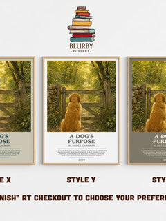 A Dog's Purpose bookish print in frame leaning in hallway – contemporary fiction wall art