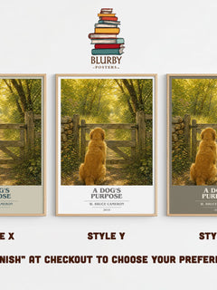 A Dog's Purpose book cover print in frame leaning in hallway – contemporary fiction wall art