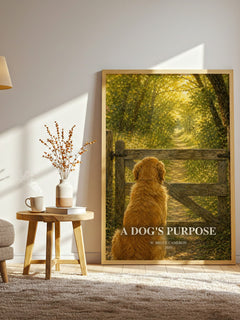 A Dog's Purpose watercolour print in frame leaning in hallway – contemporary fiction wall art