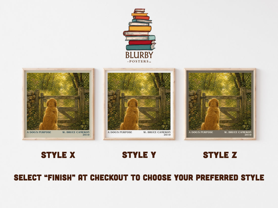 A Dog's Purpose literary print in frame leaning in hallway – contemporary fiction wall art (mockup)