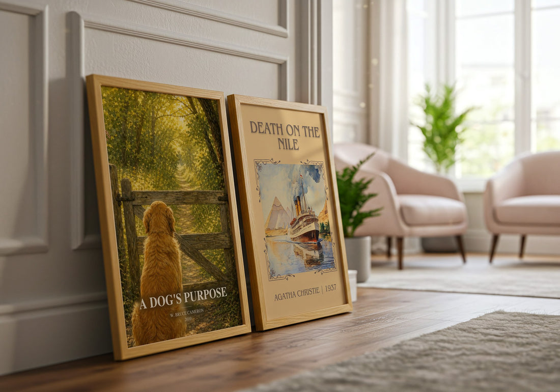 A Dog's Purpose watercolour print framed by window – literary home decor