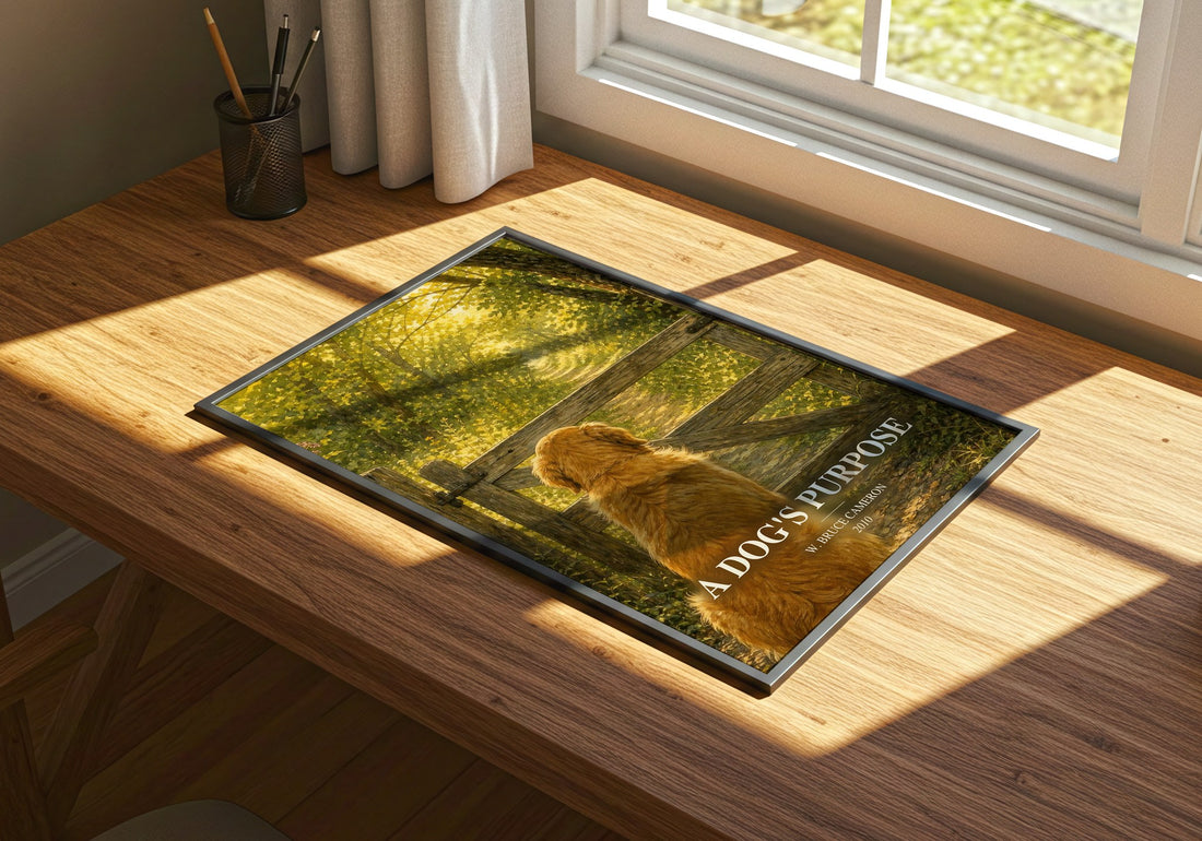 A Dog's Purpose watercolour book poster framed on wall – contemporary fiction wall art