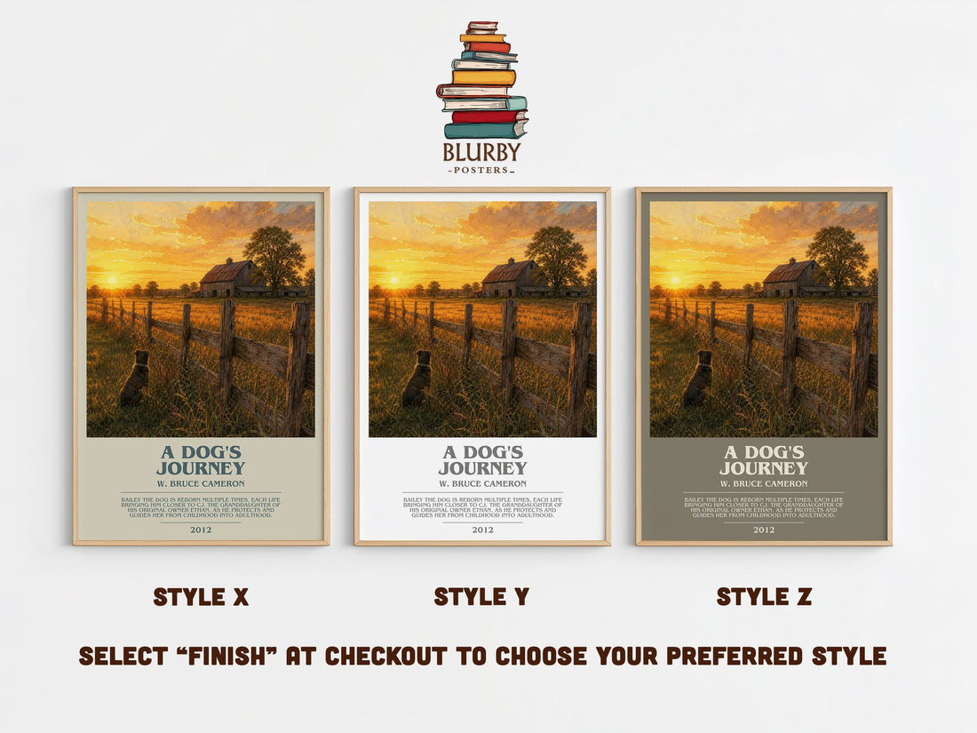 A dog's journey bookish print in frame leaning in hallway – contemporary fiction wall art (mockup)