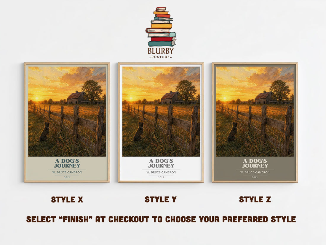 A dog's journey book cover print in frame leaning in hallway – contemporary fiction wall art (mockup)