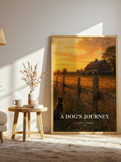 A dog's journey watercolour print in frame leaning in hallway – contemporary fiction wall art
