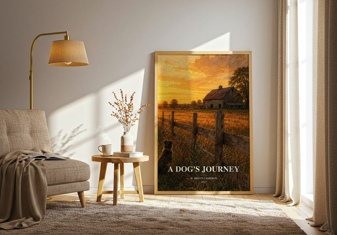 A dog's journey watercolour print in frame leaning in hallway – contemporary fiction wall art
