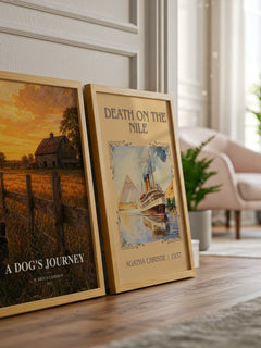 A dog's journey watercolour print framed by window – literary home decor