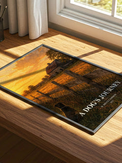 A dog's journey watercolour book poster framed on wall – contemporary fiction wall art