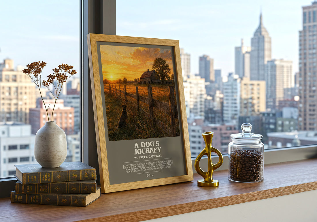 A dog's journey bookish print framed by window – literary home decor