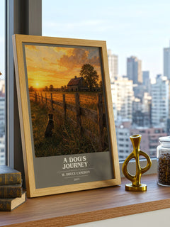 A dog's journey book cover print framed by window – literary home decor