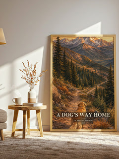 A Dog's Way Home watercolour print in frame leaning in hallway – contemporary fiction wall art