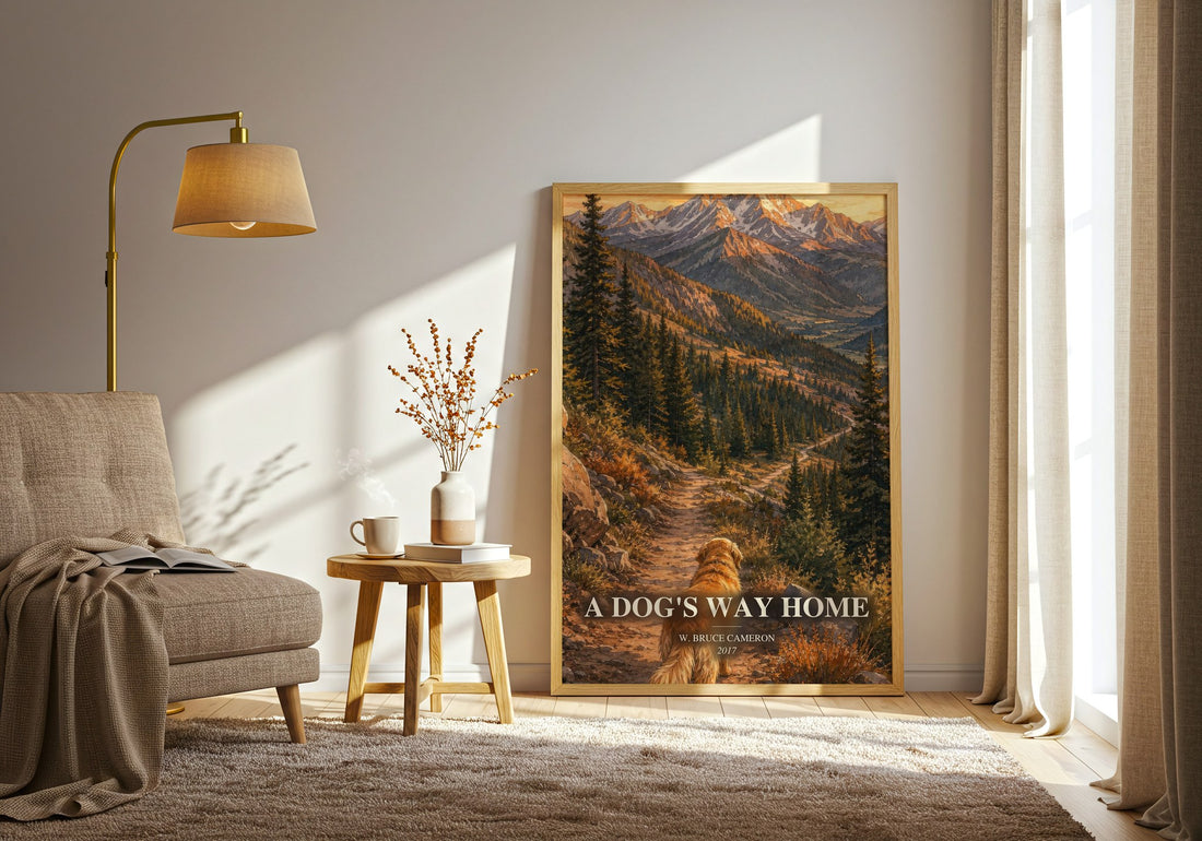 A Dog's Way Home watercolour print in frame leaning in hallway – contemporary fiction wall art