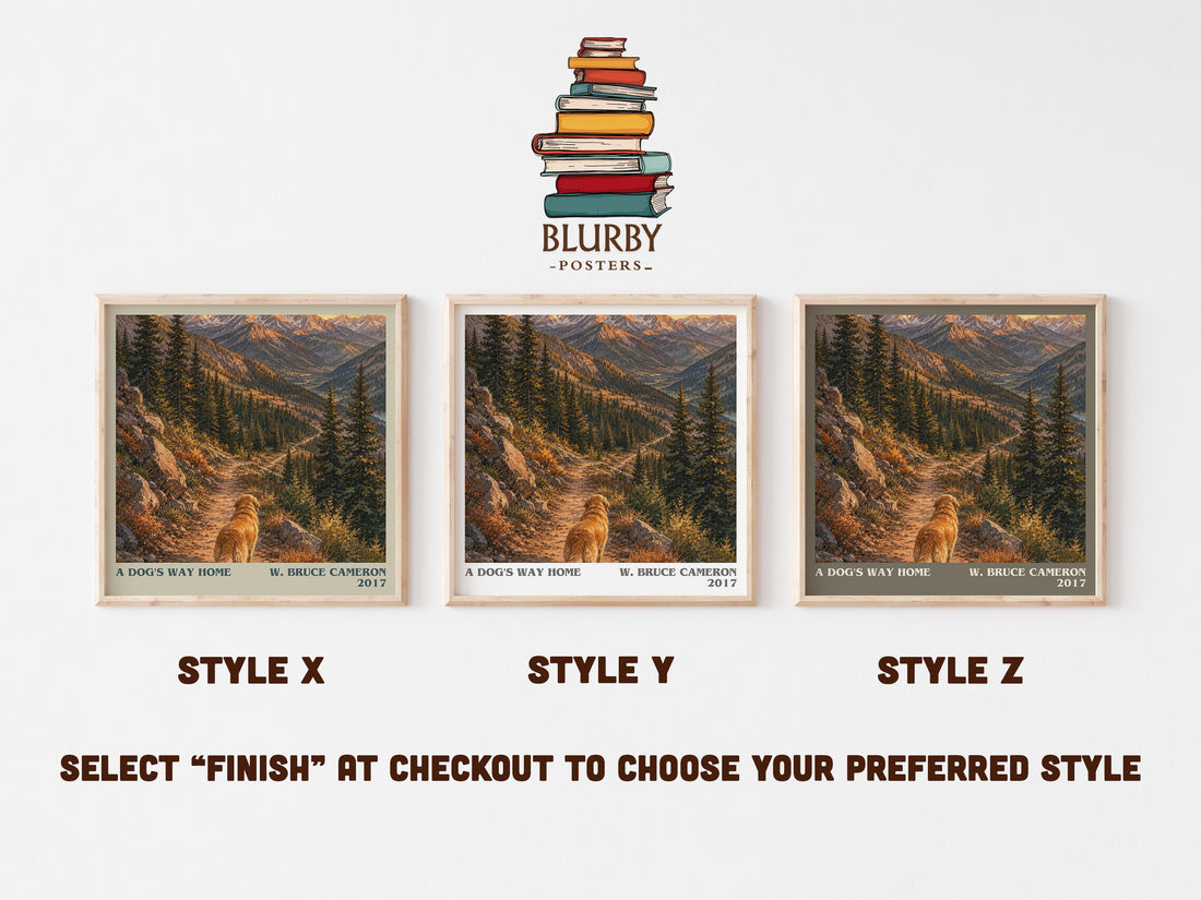 A Dog's Way Home literary print in frame leaning in hallway – contemporary fiction wall art (mockup)