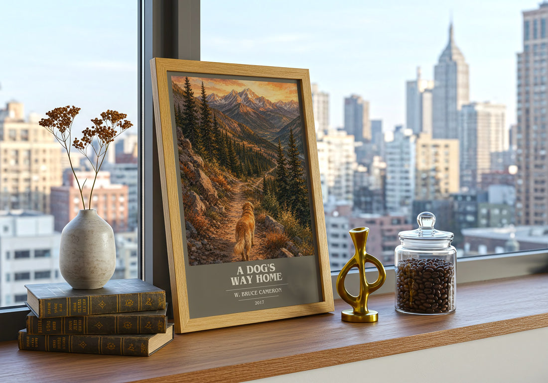 A Dog's Way Home book cover print framed by window – literary home decor