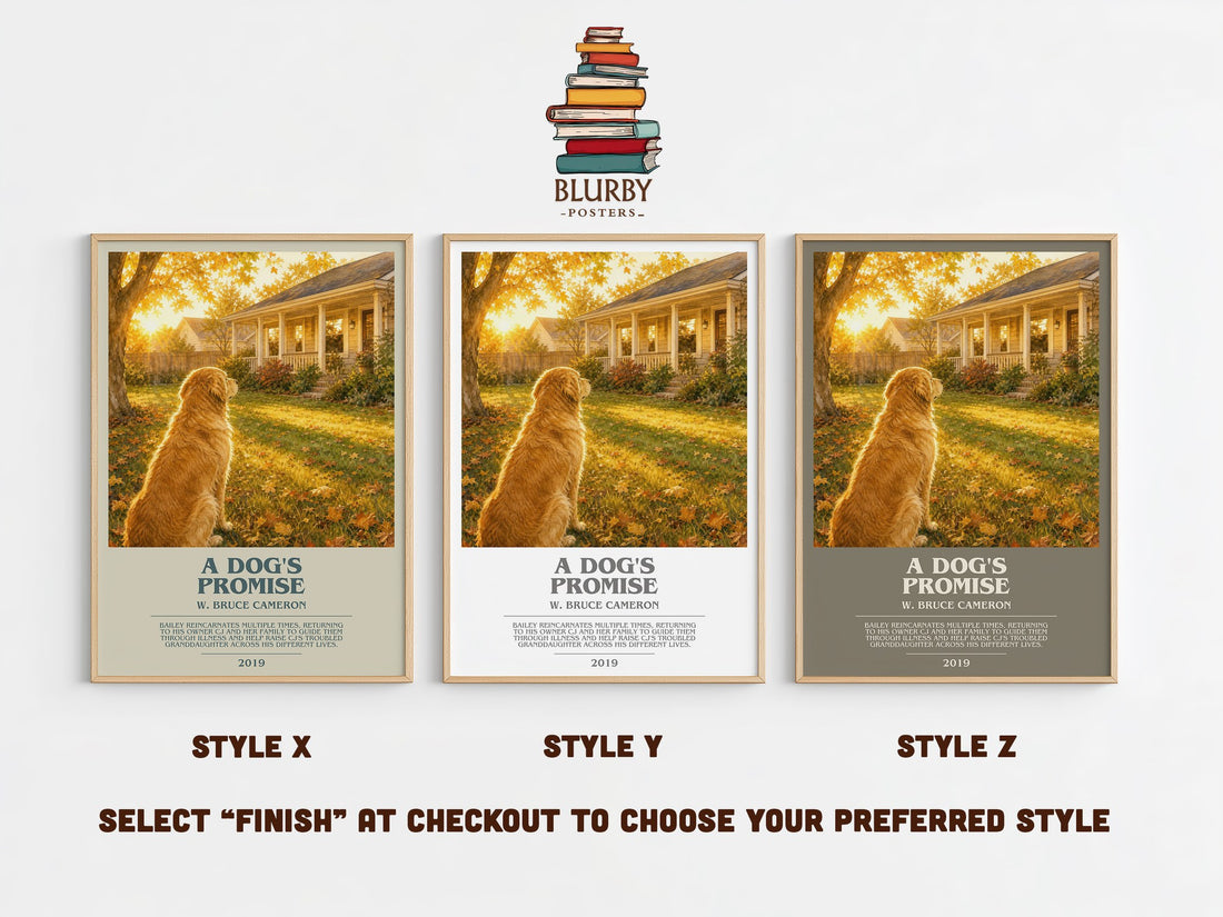 A Dog's Promise bookish print in frame leaning in hallway – contemporary fiction wall art (mockup)