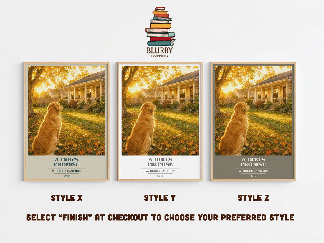 A Dog's Promise book cover print in frame leaning in hallway – contemporary fiction wall art (mockup)