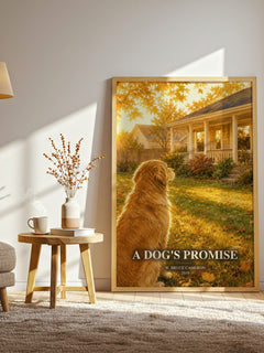 A Dog's Promise watercolour print in frame leaning in hallway – contemporary fiction wall art