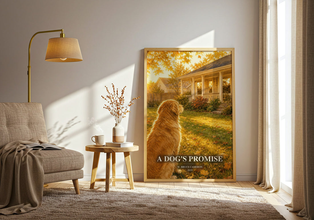 A Dog's Promise watercolour print in frame leaning in hallway – contemporary fiction wall art