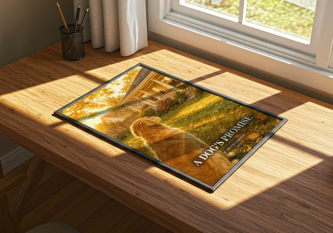 A Dog's Promise watercolour book poster framed on wall – contemporary fiction wall art