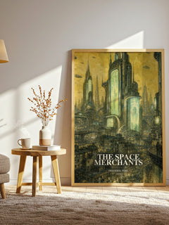 The Space Merchants watercolour print in frame leaning in hallway – sci fi wall art