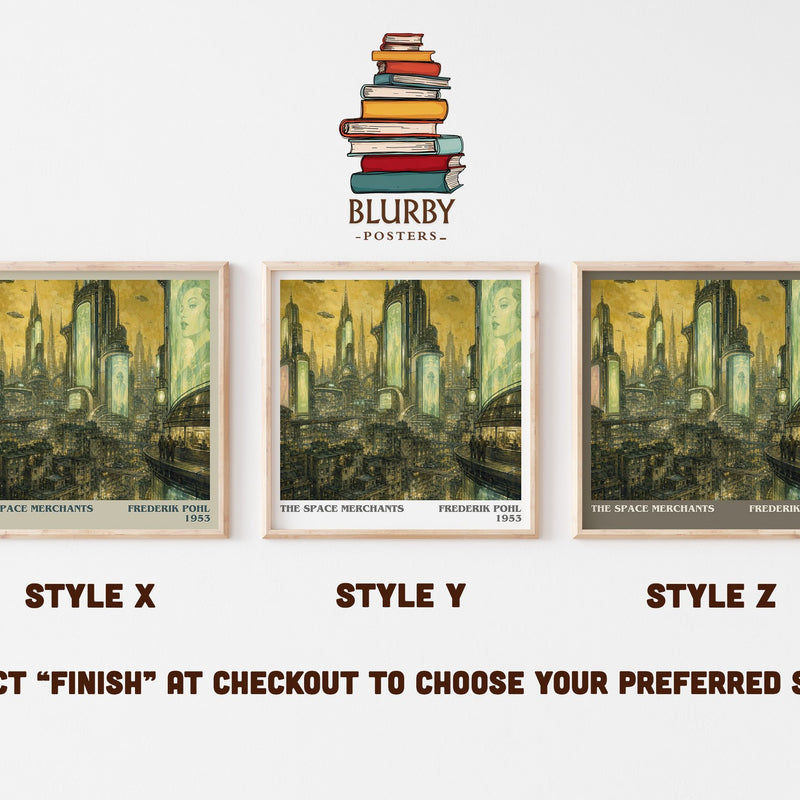 The Space Merchants literary print in frame leaning in hallway – sci fi wall art
