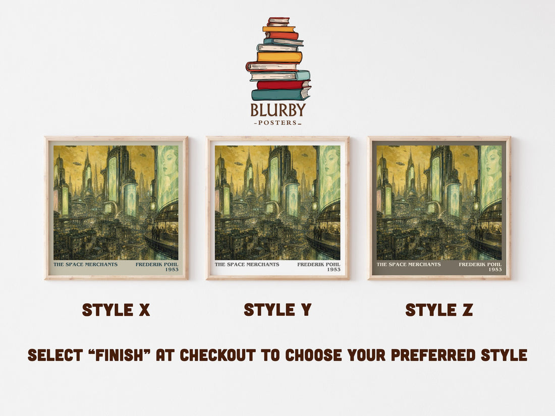 The Space Merchants literary print in frame leaning in hallway – sci fi wall art (mockup)
