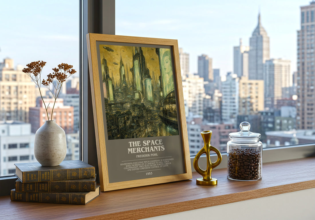 The Space Merchants bookish print framed by window – literary home decor
