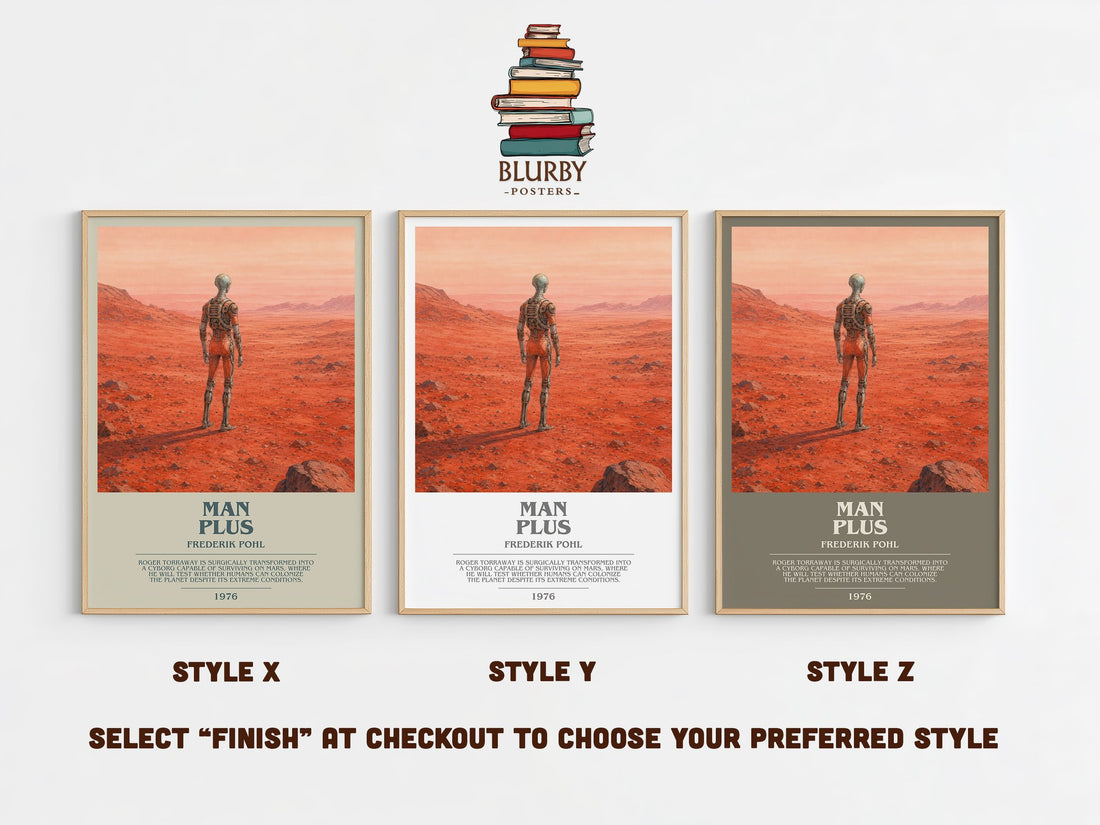 Man Plus bookish print in frame leaning in hallway – sci fi wall art (mockup)