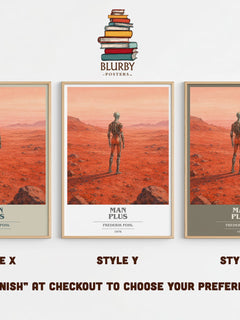 Man Plus book cover print in frame leaning in hallway – sci fi wall art