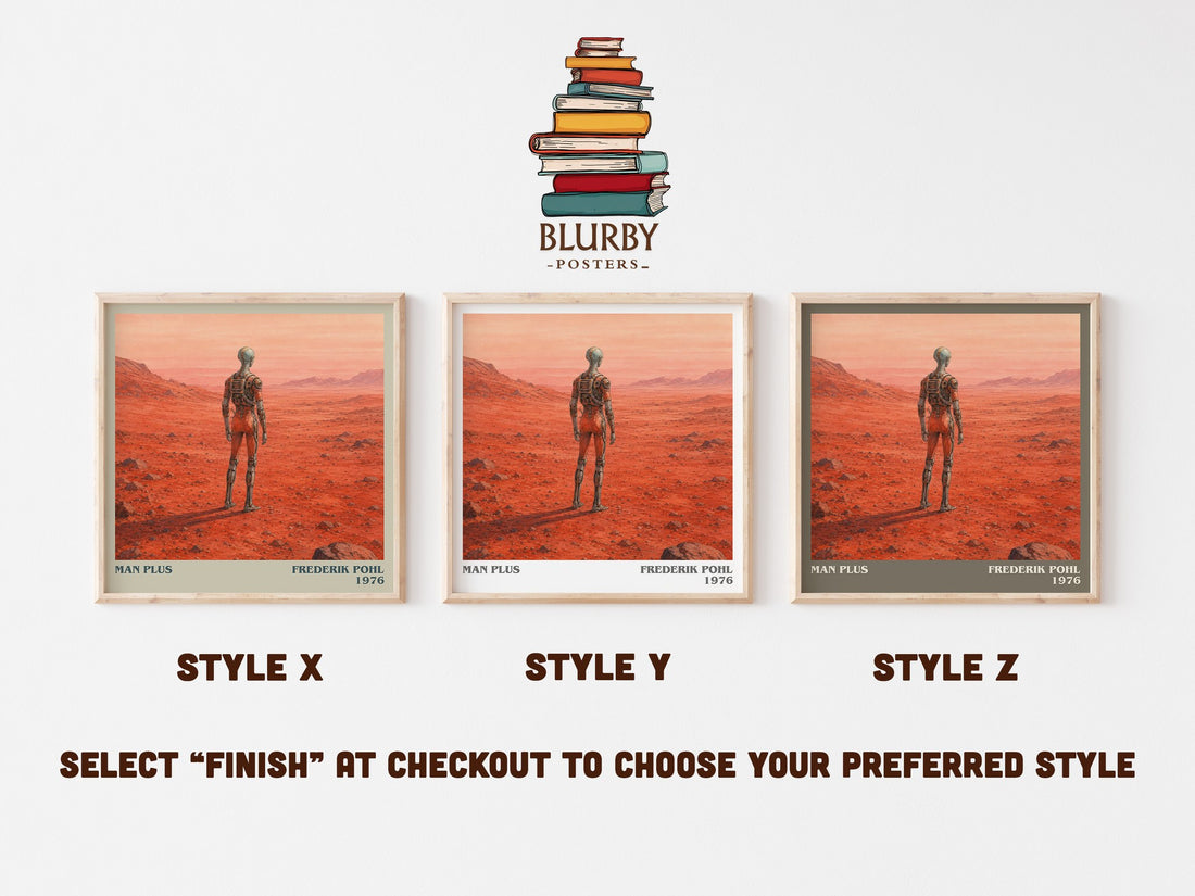 Man Plus literary print in frame leaning in hallway – sci fi wall art (mockup)