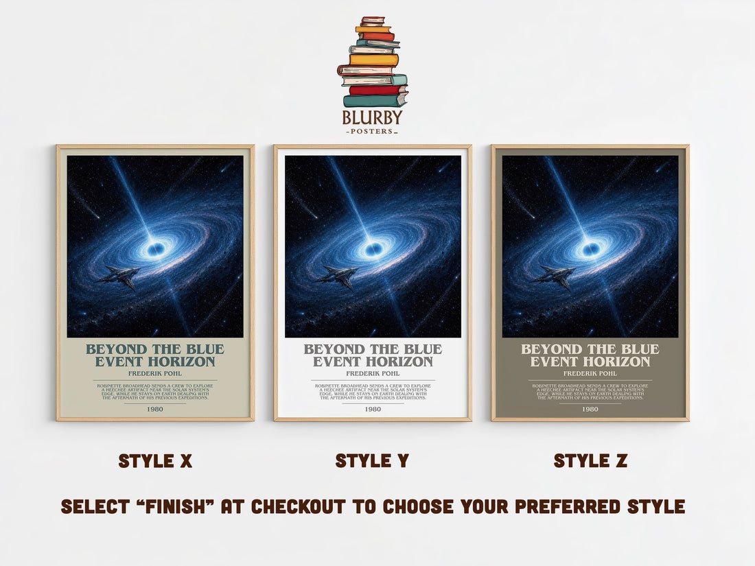 Beyond the Blue Event Horizon bookish print in frame leaning in hallway – sci fi wall art (mockup)