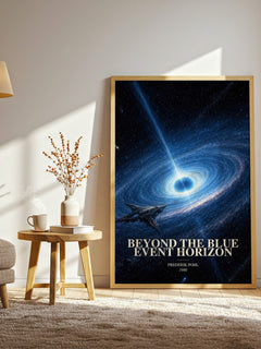 Beyond the Blue Event Horizon watercolour print in frame leaning in hallway – sci fi wall art