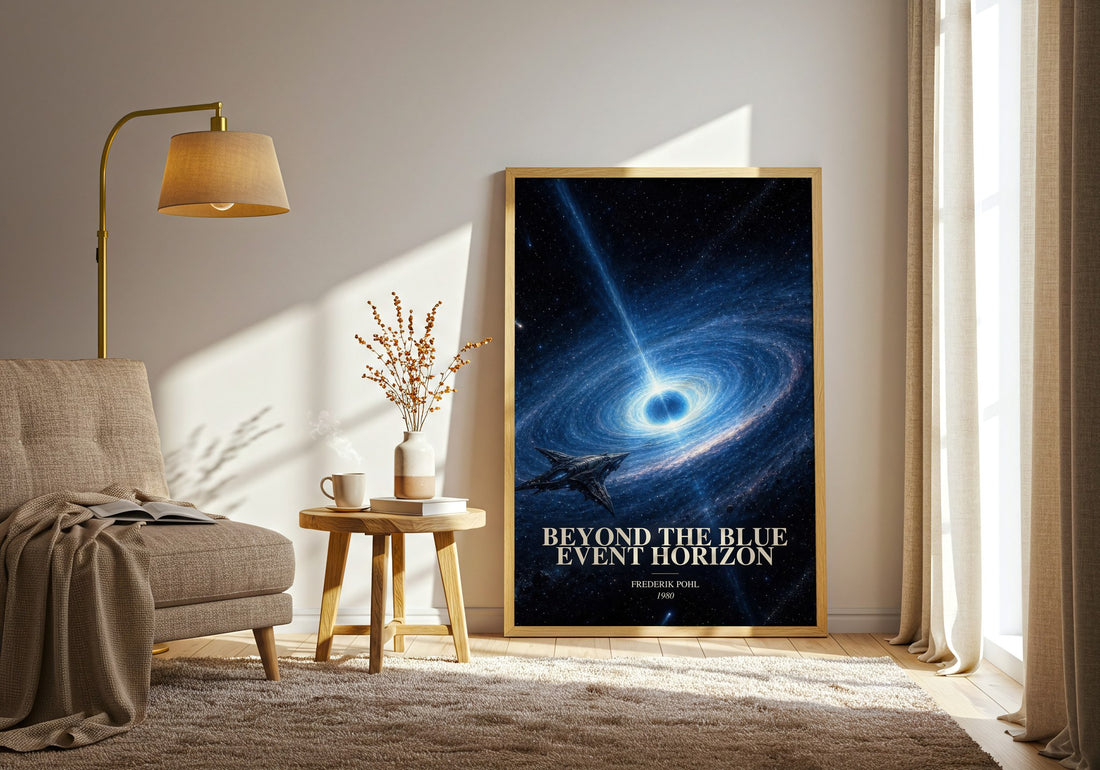 Beyond the Blue Event Horizon watercolour print in frame leaning in hallway – sci fi wall art