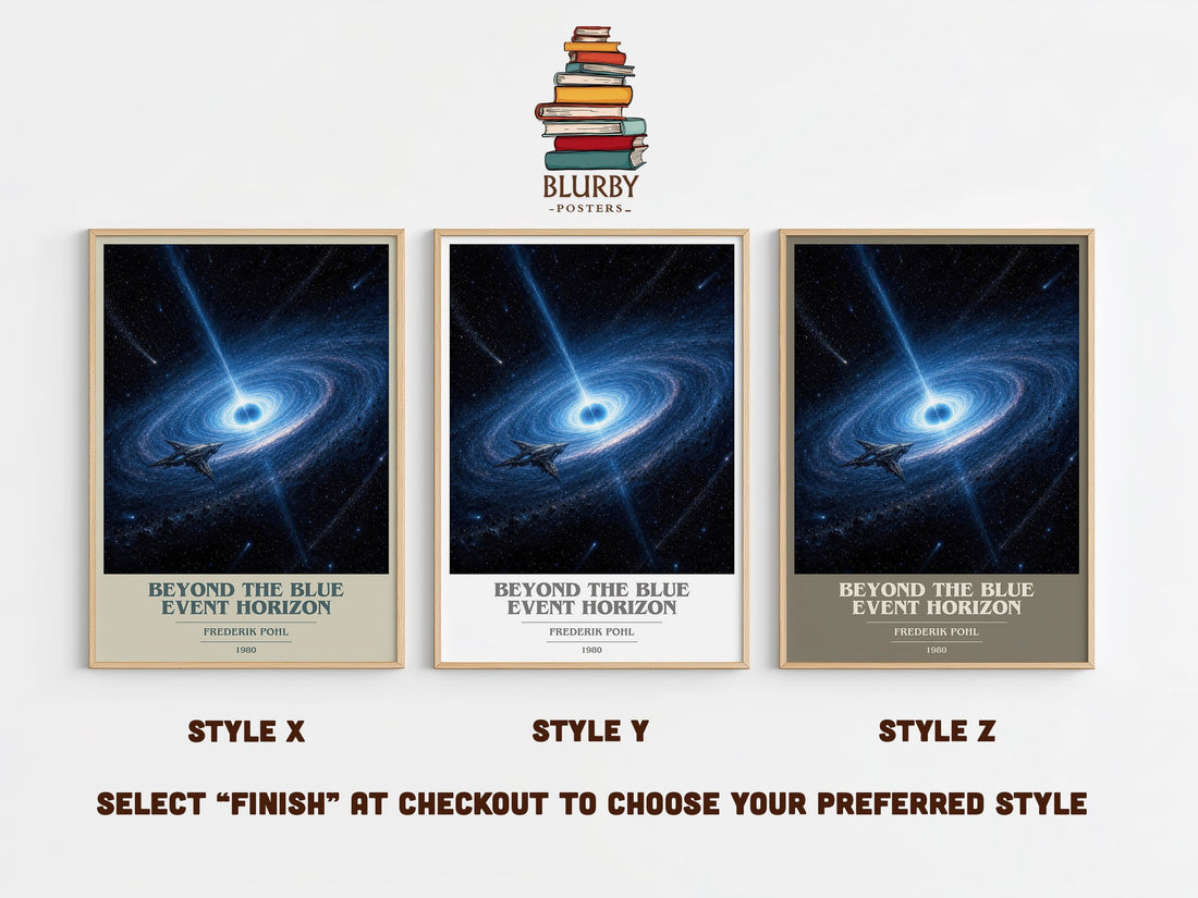 Beyond the Blue Event Horizon book cover print in frame leaning in hallway – sci fi wall art (mockup)