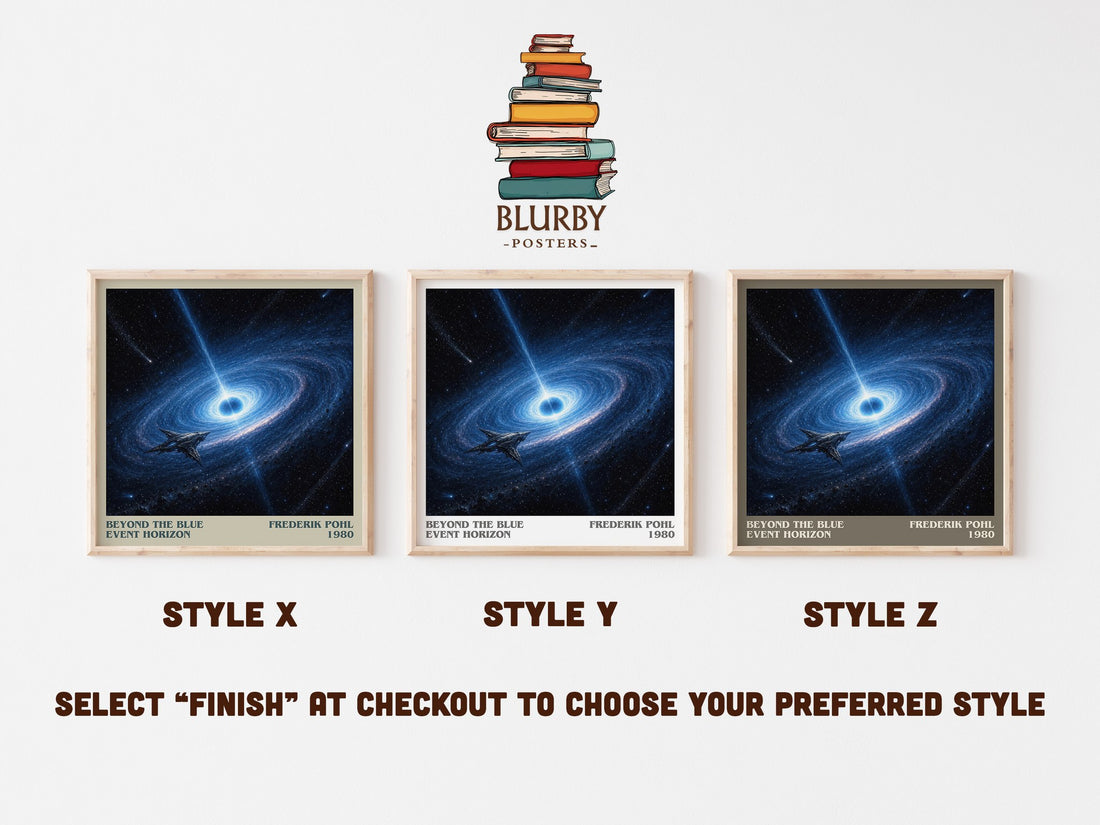 Beyond the Blue Event Horizon literary print in frame leaning in hallway – sci fi wall art (mockup)