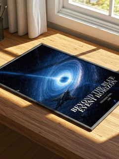 Beyond the Blue Event Horizon watercolour book poster framed on wall – sci fi wall art