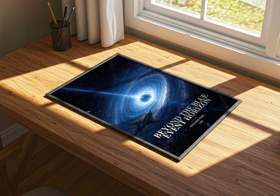 Beyond the Blue Event Horizon watercolour book poster framed on wall – sci fi wall art