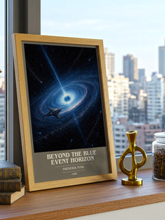 Beyond the Blue Event Horizon book cover print framed by window – literary home decor