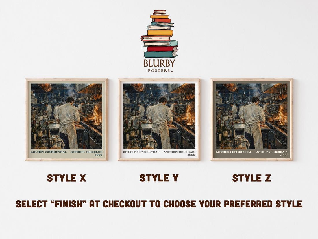 Kitchen Confidential literary print in frame leaning in hallway – memoir wall art (mockup)