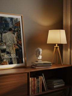 Kitchen Confidential watercolour print on bookshelf – Anthony Bourdain fan gift
