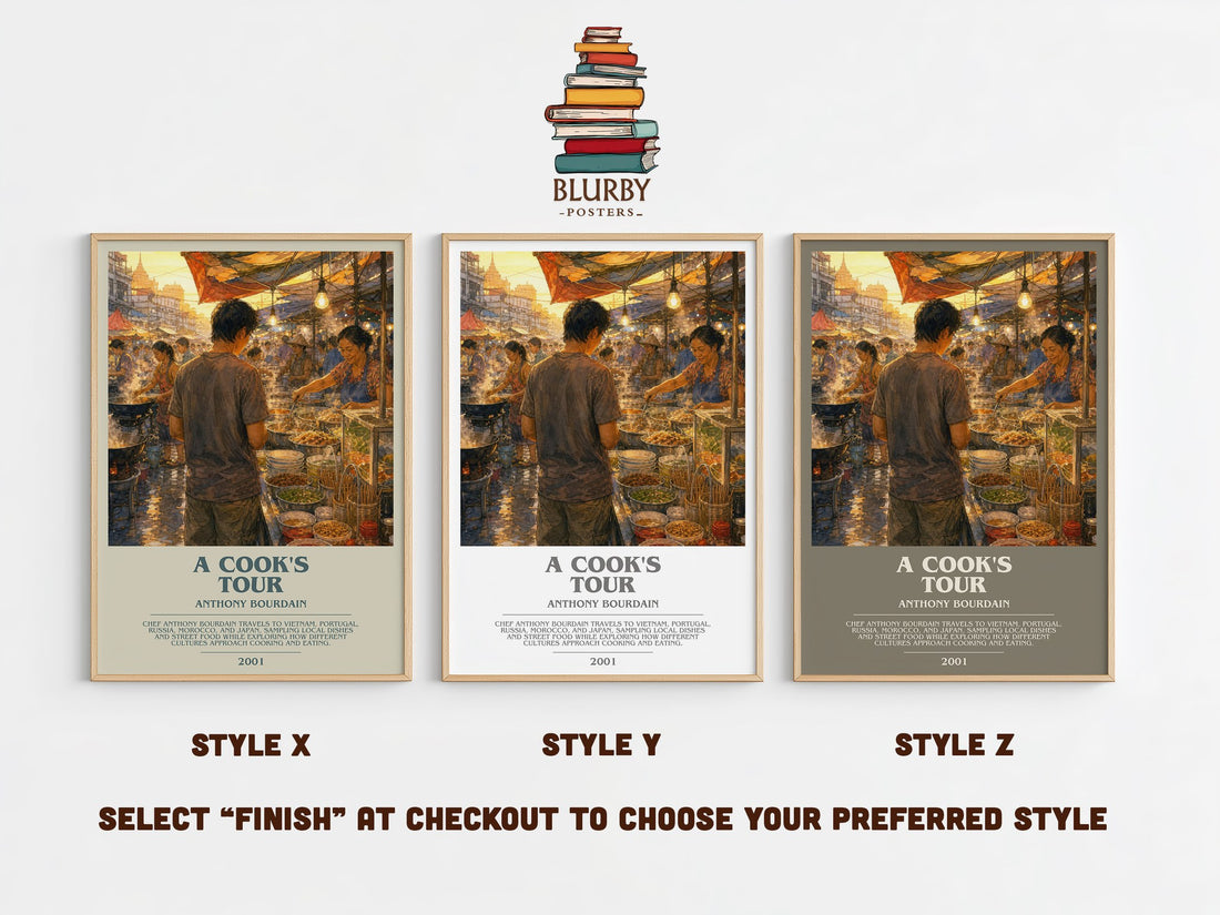 A Cook's Tour bookish print in frame leaning in hallway – memoir wall art (mockup)