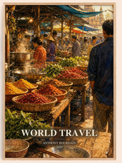 World Travel watercolour book poster by Anthony Bourdain – framed literary art print