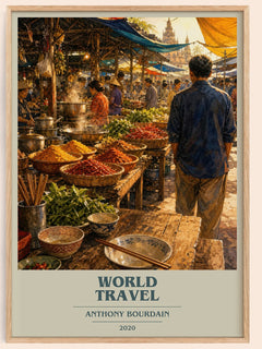World Travel book cover book poster by Anthony Bourdain – framed literary art print