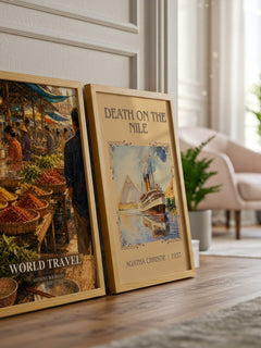 World Travel watercolour print framed by window – literary home decor