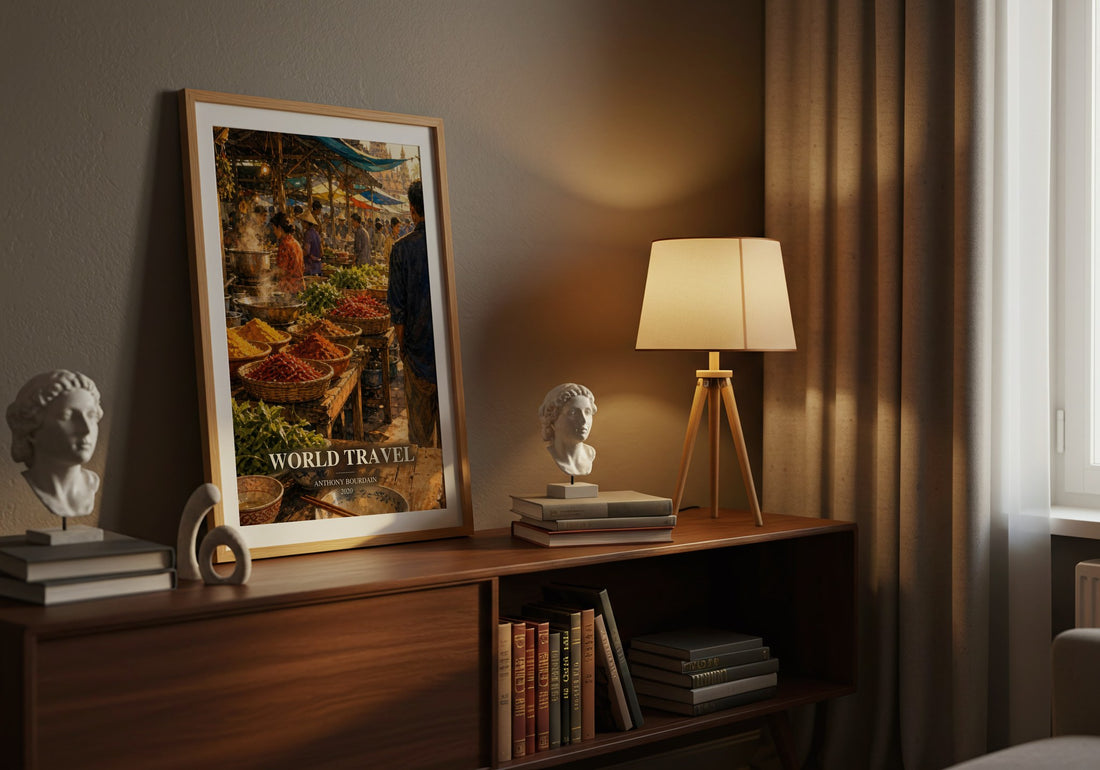 World Travel watercolour print on bookshelf – Anthony Bourdain fan gift