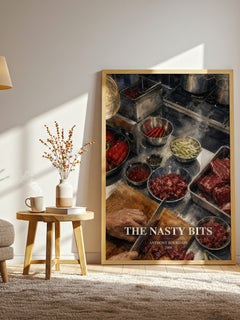 The Nasty Bits watercolour print in frame leaning in hallway – memoir wall art