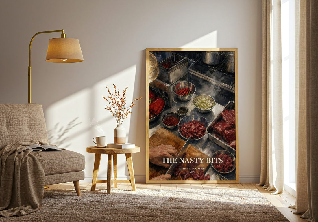 The Nasty Bits watercolour print in frame leaning in hallway – memoir wall art