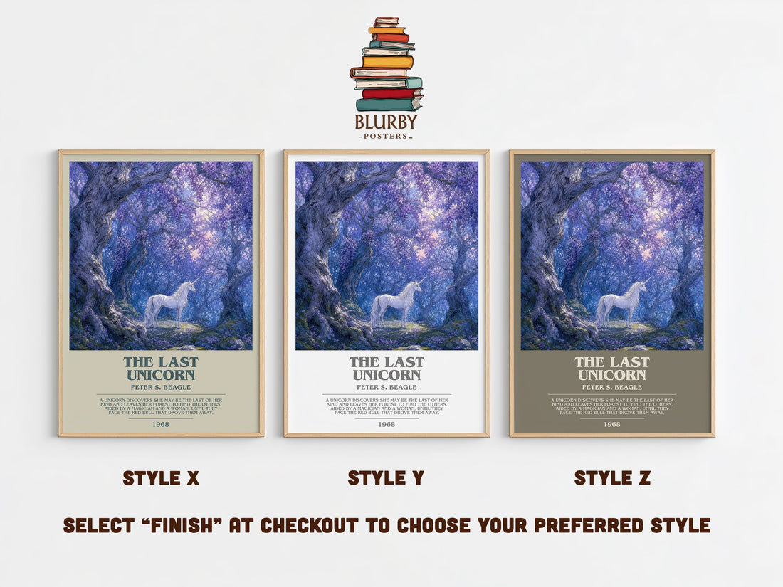 The Last Unicorn bookish print in frame leaning in hallway – fantasy wall art (mockup)
