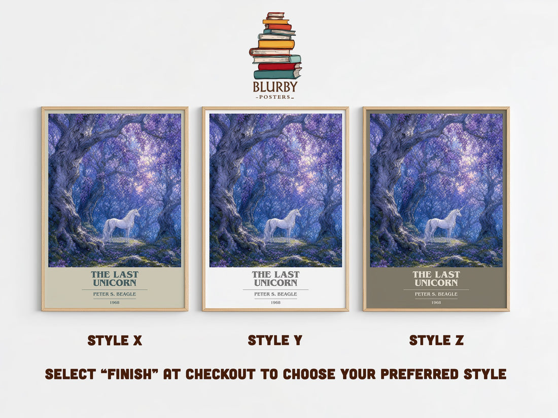 The Last Unicorn book cover print in frame leaning in hallway – fantasy wall art (mockup)