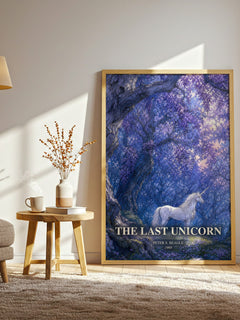 The Last Unicorn watercolour print in frame leaning in hallway – fantasy wall art